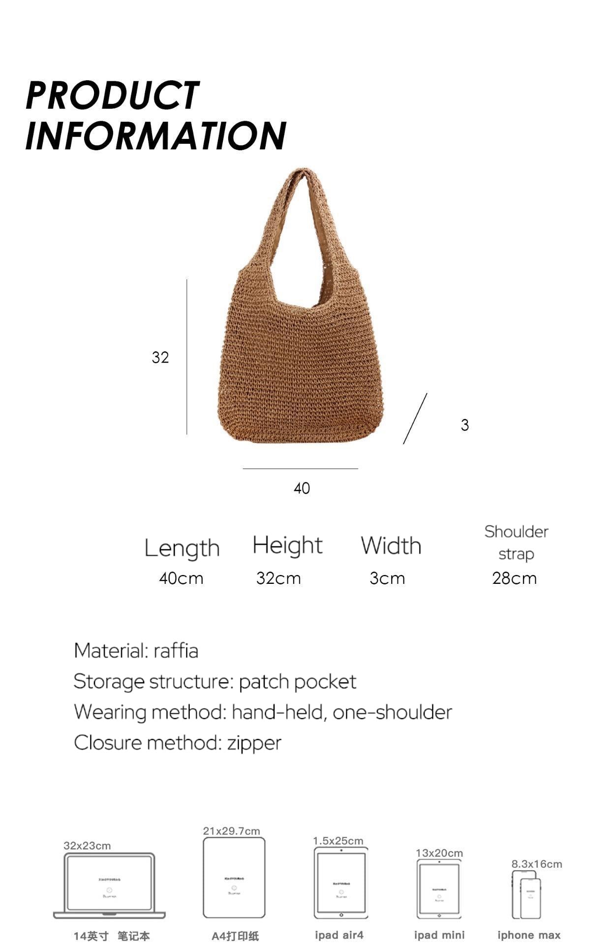 Straw bag with zipper